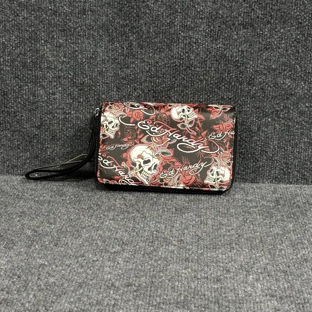 Ed Hardy Wallet Wristlet Womens One Size Black Skull Rose Tattoo Zip Around